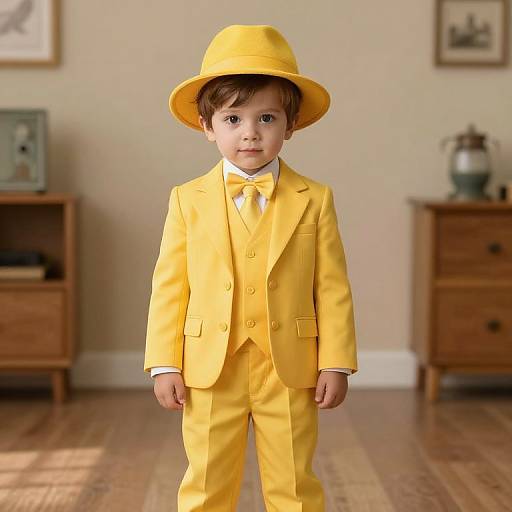 Photograph of a young boy in a bright yellow suit and hat, standing in a wooden-floored, beige-walled room with framed pictures and