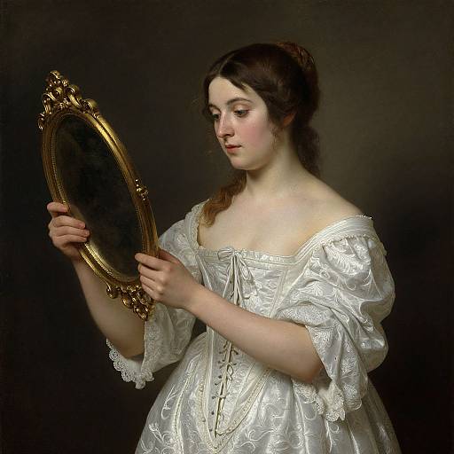 Photograph-style painting of a pale-skinned woman with dark brown hair in a white, off-shoulder, embroidered dress, holding an ornate