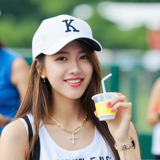 Smiling Asian Woman in White Baseball Cap Drinking Juice
