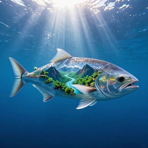 Digital artwork of a transparent fish with miniature mountains, greenery, and a winding river inside, swimming underwater in bright sunlight.