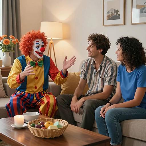 Clown Entertaining Couple in Living Room