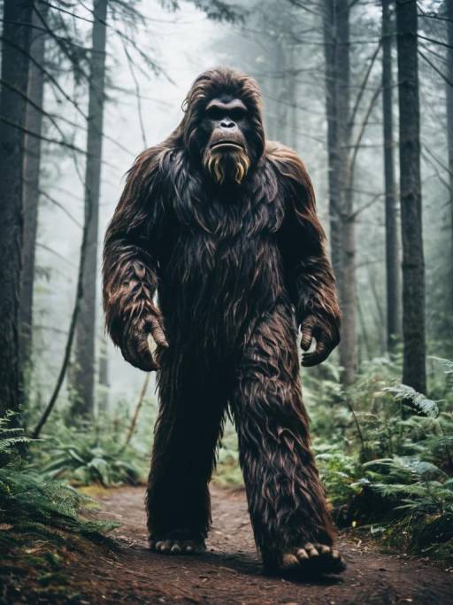 Man in Bigfoot Costume in Misty Forest