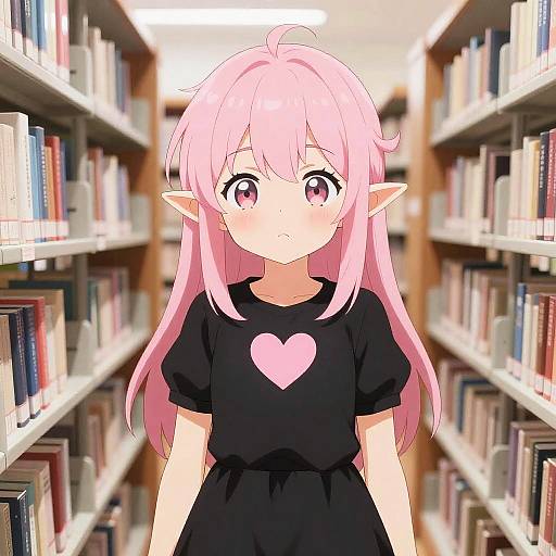 Pink-Haired Elf Girl in Library Aisle