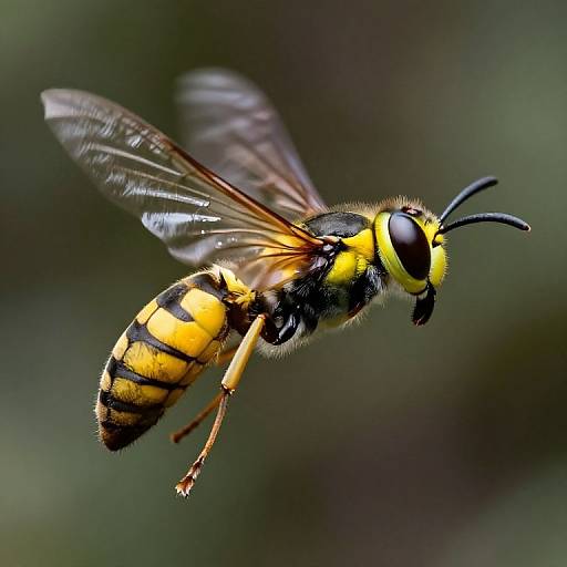 Close-up photograph of a yellow and black wasp in mid-flight, showcasing translucent wings and detailed body stripes against a blurred green background.