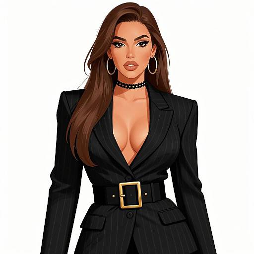 Digital illustration of a confident woman with long brown hair, wearing a low-cut black pinstripe suit, choker, hoop earrings, and belt.