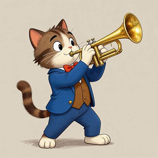 Cartoon cat in blue suit and red bow tie playing a golden trumpet. The cat has white and brown fur, large expressive eyes, and a playful