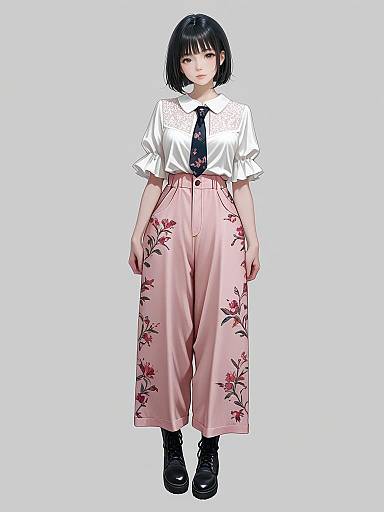 Young Woman in Pink Floral Trousers and Sheer Blouse