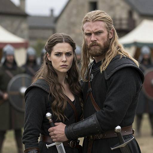 Intense Portrait of Two Figures in Medieval Setting