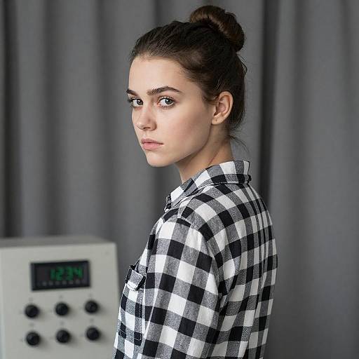 Woman Looking Over Shoulder, Checkered Shirt