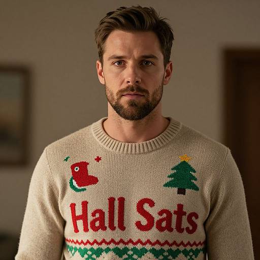 Photograph of a bearded man with brown hair wearing a cream Christmas sweater with 