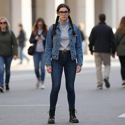 Young Woman in Denim Jacket on Urban Street