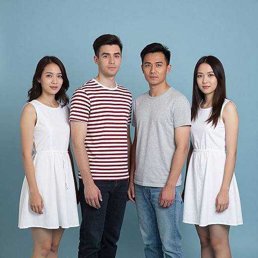 Photograph of four Asian individuals: two women in white dresses, one man in striped shirt, one man in gray tee, against a blue background.