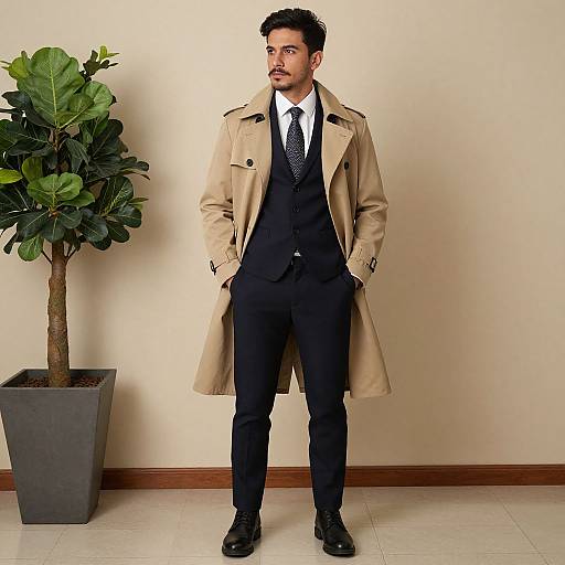 Photograph of a stylish man with dark hair and mustache, wearing a beige trench coat, black suit, white shirt, and polka dot tie