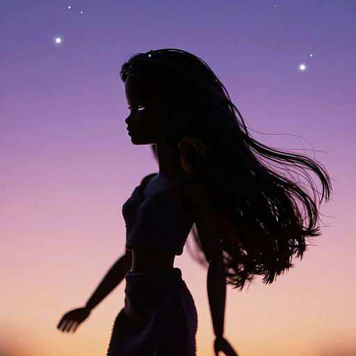 Silhouetted woman with long hair walking against a twilight sky, featuring a gradient of purple to orange with starry background.