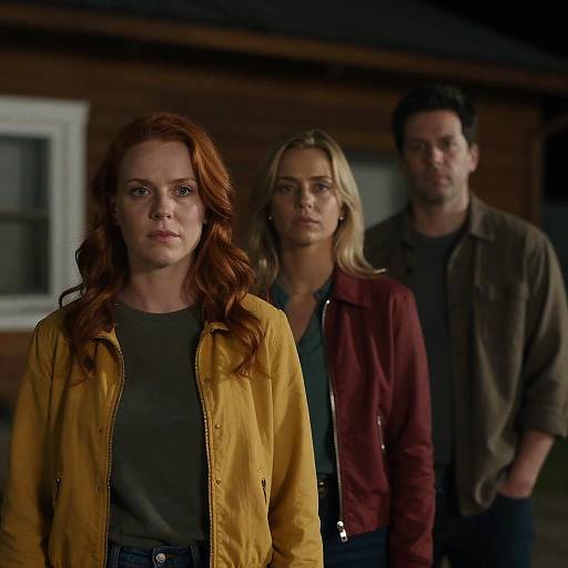 Photograph of three serious-faced individuals: red-haired woman in yellow jacket, blonde woman in maroon jacket, and dark-haired man in brown shirt,