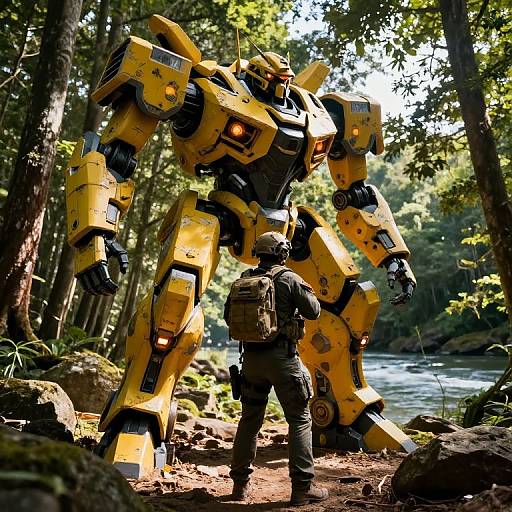 Photograph of a human soldier in camouflage facing a towering yellow and black robot in a sunlit forest near a river.