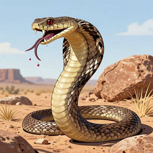 Digital drawing of a venomous snake with red eyes, open mouth, and extended tongue, coiled in a desert with rocky terrain.