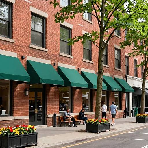 Photograph of a red-brick urban street with green awnings, people walking, benches, flower boxes, and a tree-lined sidewalk.