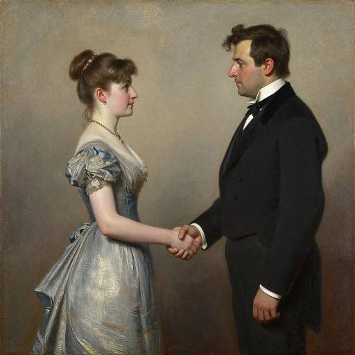 Victorian-era painting of a fair-skinned woman in a blue gown holding hands with a dark-haired man in a black suit.