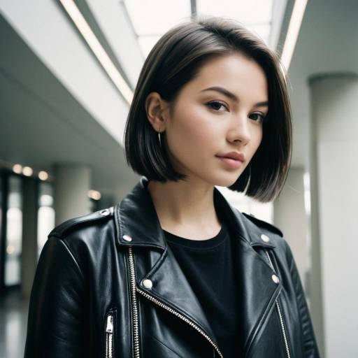 Young Woman with Sleek Bob Hairstyle in Leather Jacket