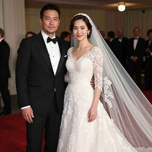 Photograph of an Asian couple at a wedding; groom in black tuxedo, bride in white lace dress with long veil, standing on red carpet
