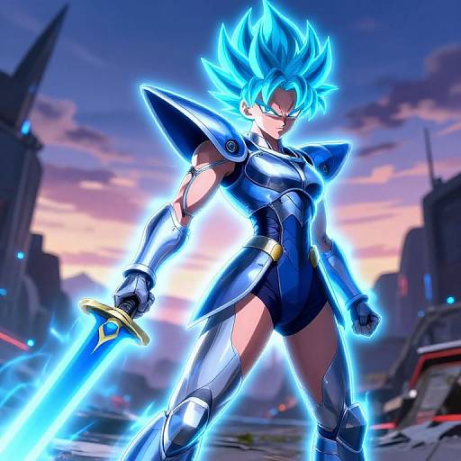 Digital artwork of a blue-haired, muscular female warrior in glowing blue armor, standing confidently with a glowing sword in a futuristic, ruined cityscape at sunset