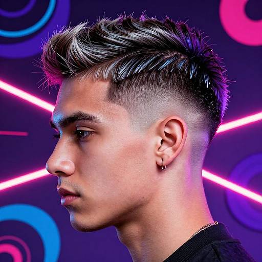Photograph of a young man with short, styled black and blonde hair, side profile, neon pink and blue background, ear piercing, and black shirt
