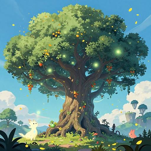 Digital artwork of a towering, leafy tree with glowing fireflies, orange fruits, and a bright blue sky with fluffy clouds.