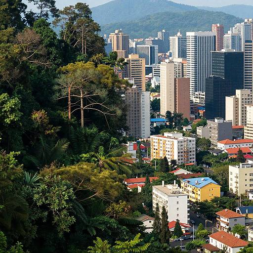 Photograph of a cityscape with tall skyscrapers, surrounded by dense green trees and red-roofed buildings, set against a mountainous background