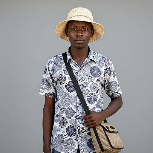 Photograph of a young Black man wearing a straw hat, black-and-white floral shirt, and tan crossbody bag, standing against a plain gray background