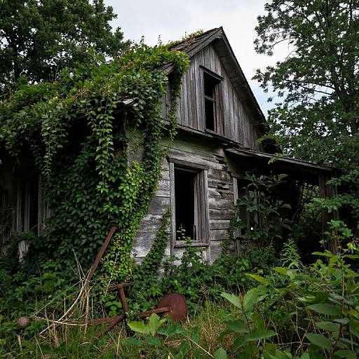 Photograph of an abandoned, weathered wooden house overgrown with vines, surrounded by dense greenery, with a rusty farm tool in the foreground.