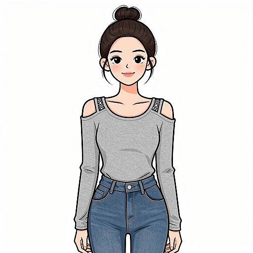 Digital illustration of a cute Asian woman with fair skin, black hair in a bun, wearing a gray off-shoulder top and blue jeans.