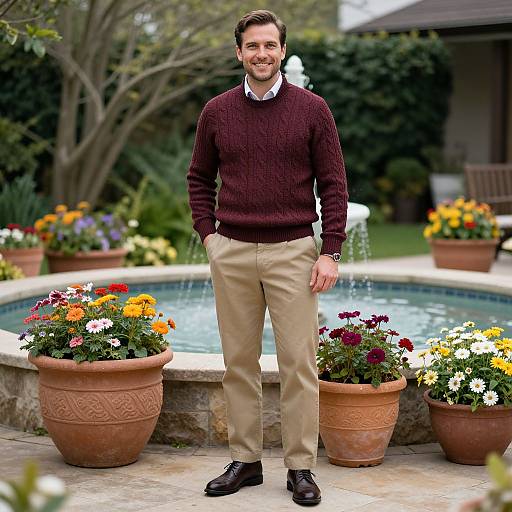 Photograph of a smiling man in a maroon sweater, beige pants, and black shoes, standing in a garden with colorful flower pots and a circular