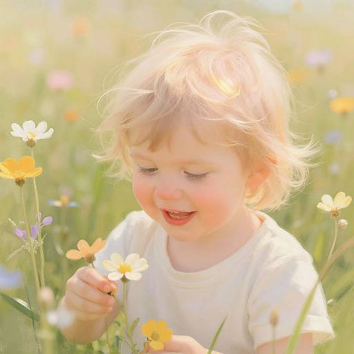Photograph of a smiling, blonde toddler in a white shirt, holding a flower in a sunlit, colorful meadow. Bright, cheerful, and