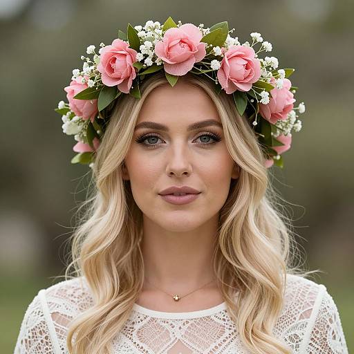 Photograph of a blonde woman with wavy hair, wearing a white lace top and a pink rose flower crown, set against a blurred green outdoor background