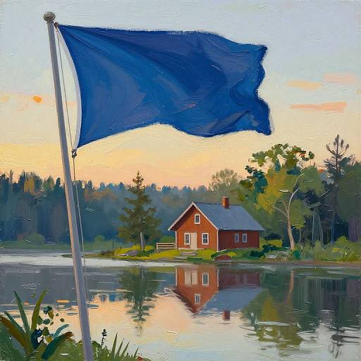 Digital painting of a red cottage by a serene lake at sunset, with a blue flag flying, reflected in the calm water.