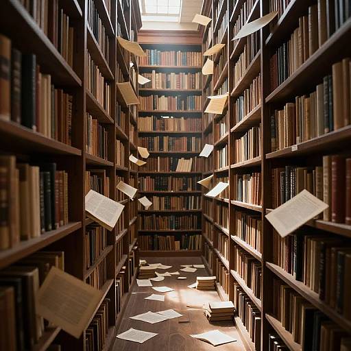 Photograph of a dimly lit library aisle with tall, wooden bookshelves on both sides, filled with books. Papers float mid-air, illuminated