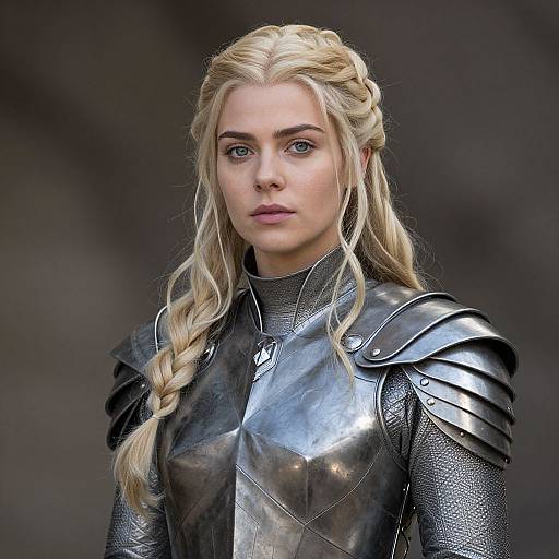 Photorealistic digital portrait of a blonde, blue-eyed woman with braided hair, wearing shiny, detailed medieval silver armor against a dark background.