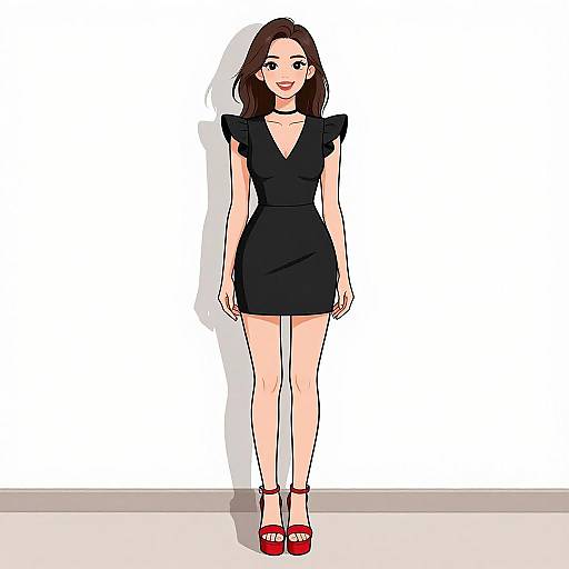 Digital illustration of a smiling woman with fair skin, brown hair, wearing a black dress, choker, and red platform heels, standing against a plain