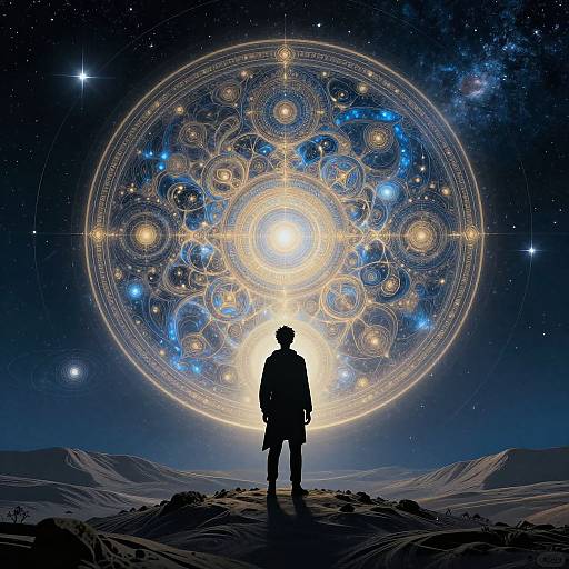 Silhouetted Figure Before Cosmic Portal