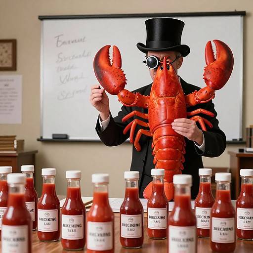 Photograph of a man in a black top hat and glasses, holding a large red lobster, standing behind a table with labeled hot sauce bottles. Background