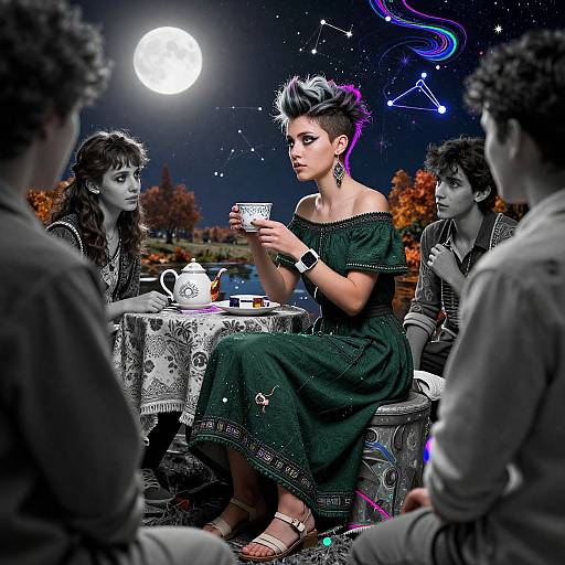 Digital artwork of a punk-style woman with purple-tipped mohawk, green off-shoulder dress, sipping tea, surrounded by grayscale figures under