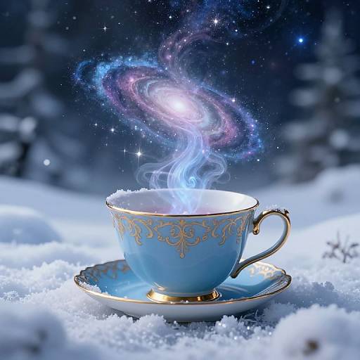 Photograph of a glowing, blue teacup with gold patterns, steaming with a magical, swirling galaxy above, set in a snowy landscape.