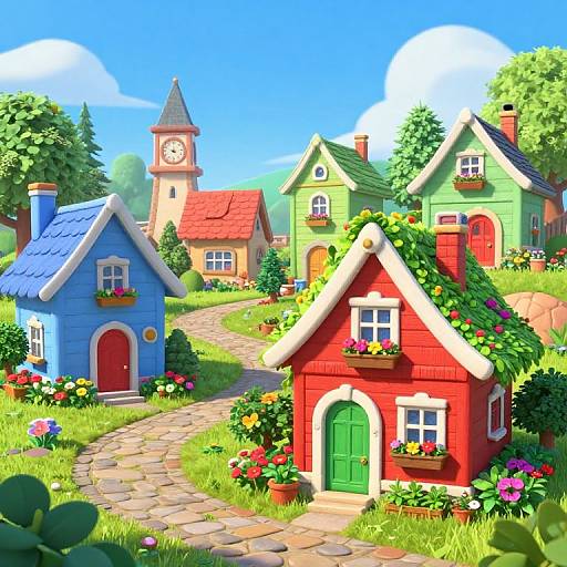 Bright, colorful, digital illustration of a whimsical village with red, blue, and green houses, a clock tower, and a winding stone path,