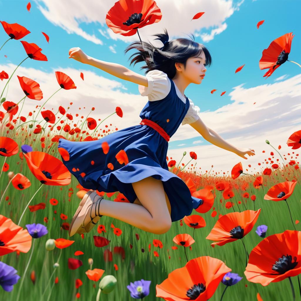 Anime Girl Leaping Through Vibrant Poppies