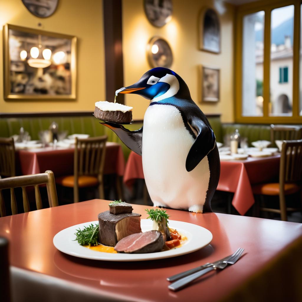 Whimsical Penguin Dining at Italian Restaurant