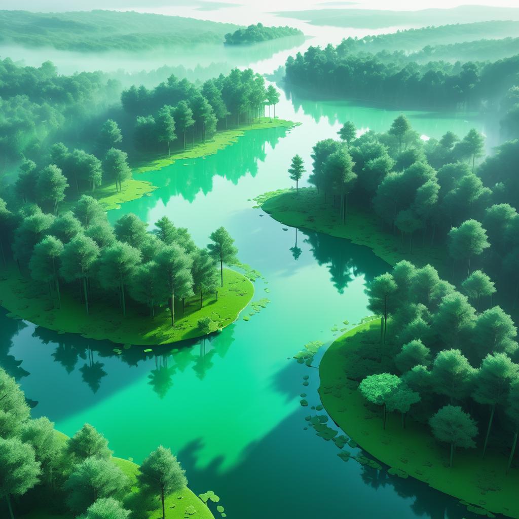 Misty Emerald Forest with Serene Lake