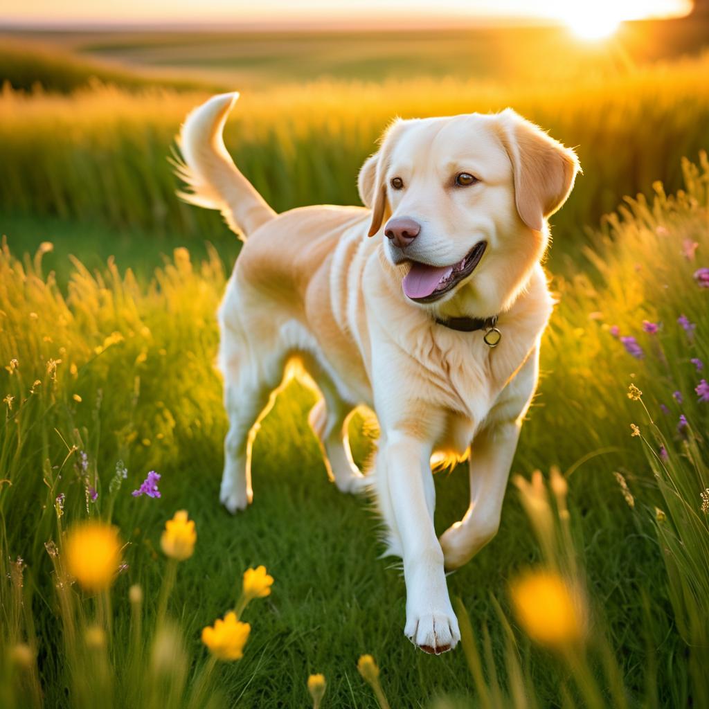 Labrador Retriever at Sunset in Meadow