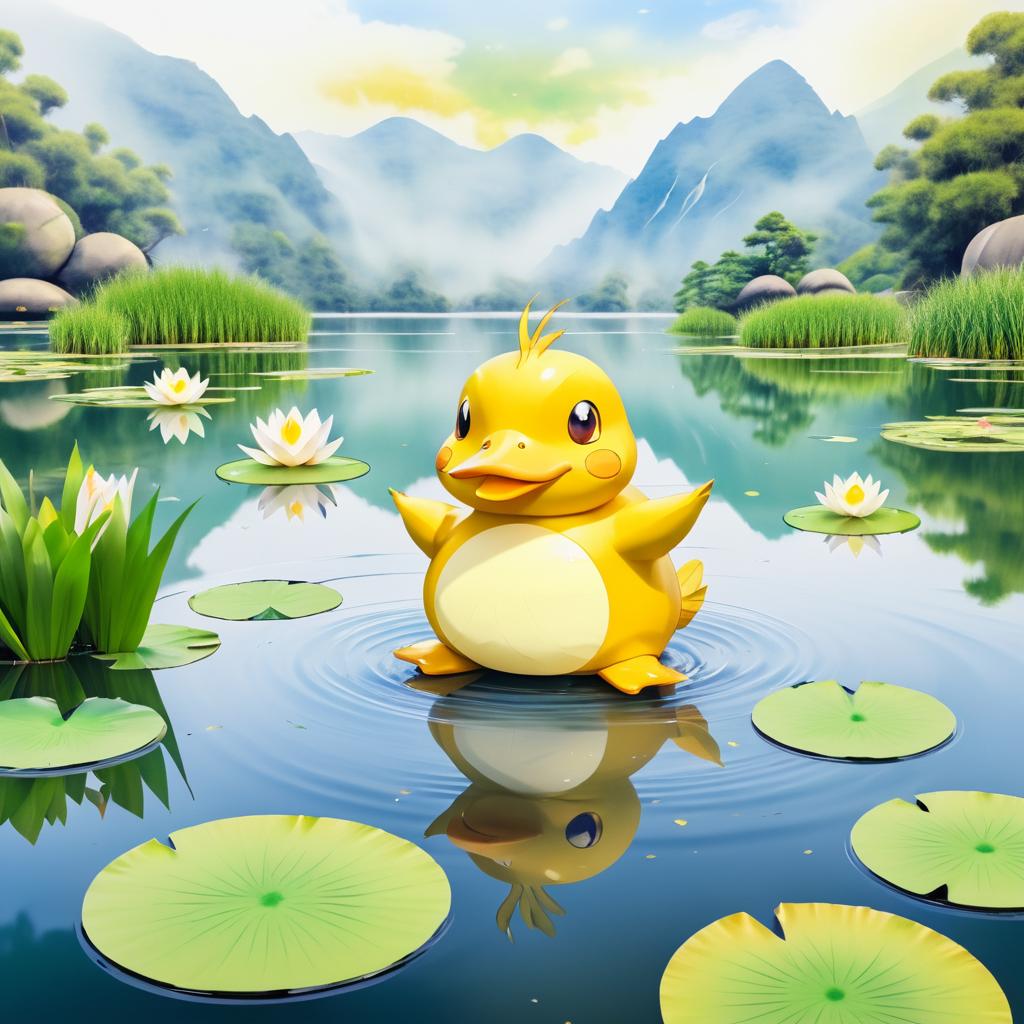 Psyduck's Confusion in Tranquil Landscape