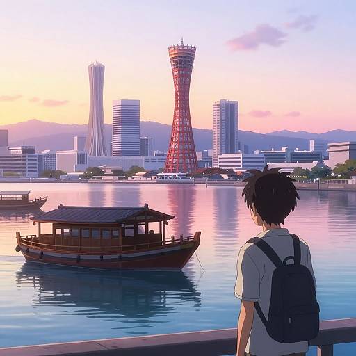 Kobe Harbor Anime Sunrise Scene